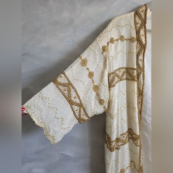 Flapper Style Gunit Cream & Gold Sequin Beaded Duster Kimono Jacket Vtg OS - Picture 13 of 15